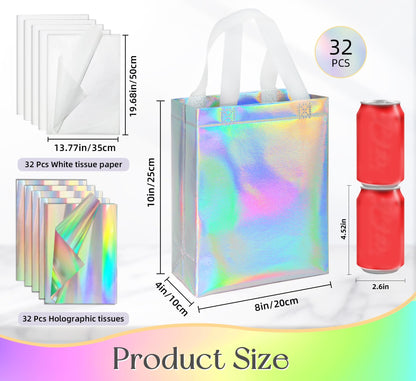ZIFTY 32PCS Goodie Gift Bags with Handles, Reusable Non-woven Holographic Iridescent Gift Bags Bulk with Tissue Papers for Birthday, Wedding, Easter, Christmas, Holiday Party Favors 8W x 4L x 10H