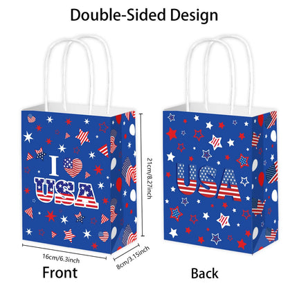 Qpout 12PCS 250th Anniversary Patriotic Gift Bags, Double Sided 1776-2026 Red White Blue Paper Bags with Handles, Bulk 4th of July Favor Bags for Independence Day, Memorial Day, Parades, Patriotic Holiday Party Supplies