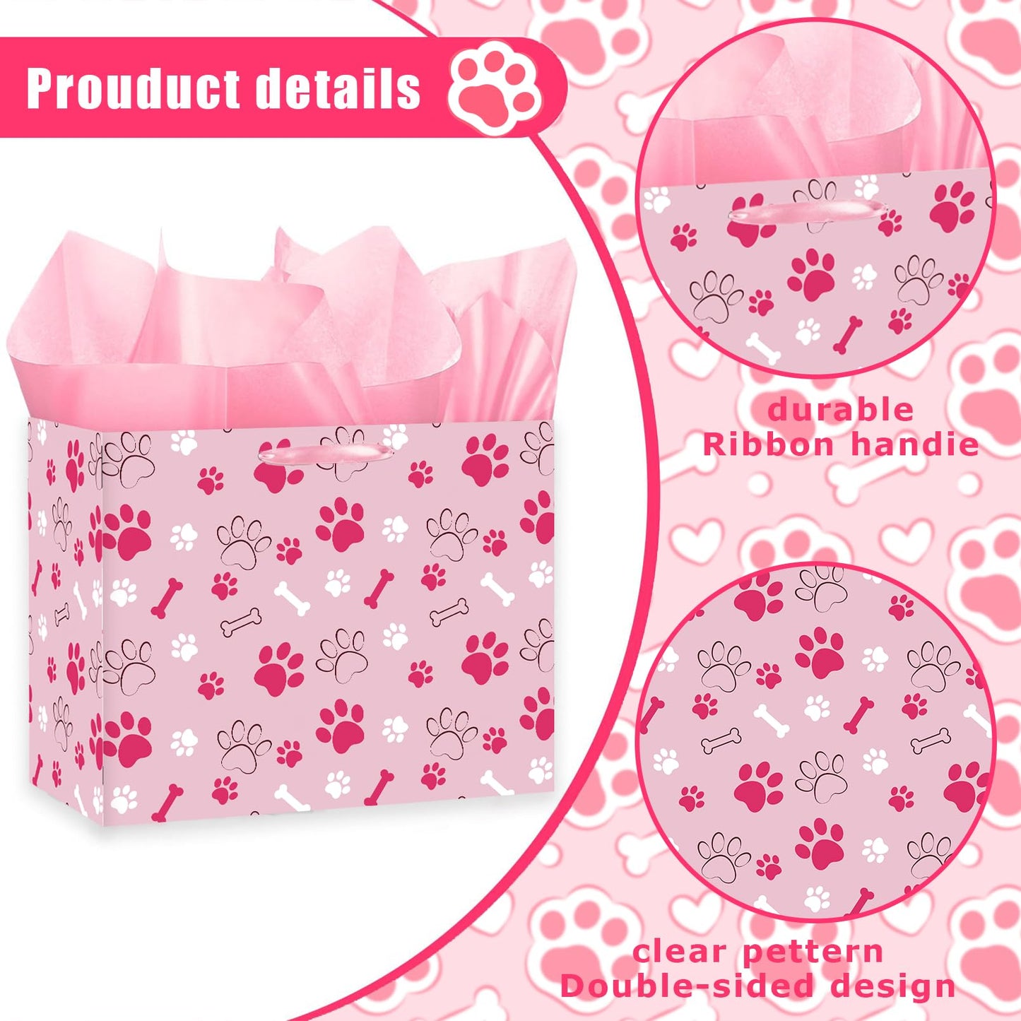 Pink Dog Paw Print Gift Bag Large Dog Birthday Gift Bag Paw Print Wrapping paper with Tissue Paper and & Card for Girl Boy Young Puppy Party Decorations Pet Themed Celebrations Birthday Party