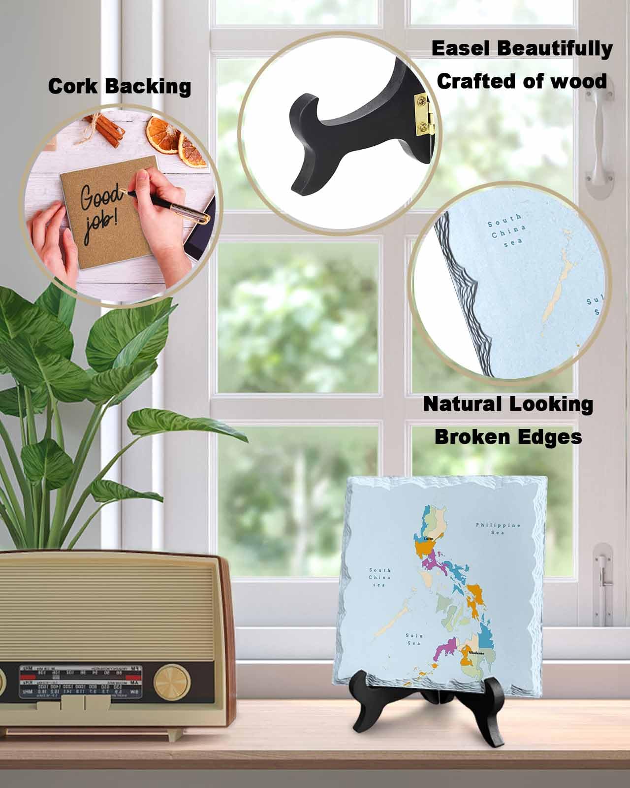 Philippines Map with Blue Ocean Ceramics Plaques Gift for Women/Men, Asian Area Table Decoration Plaque with Wooden Stand, Decorative Desk Sign for Office, Bedroom