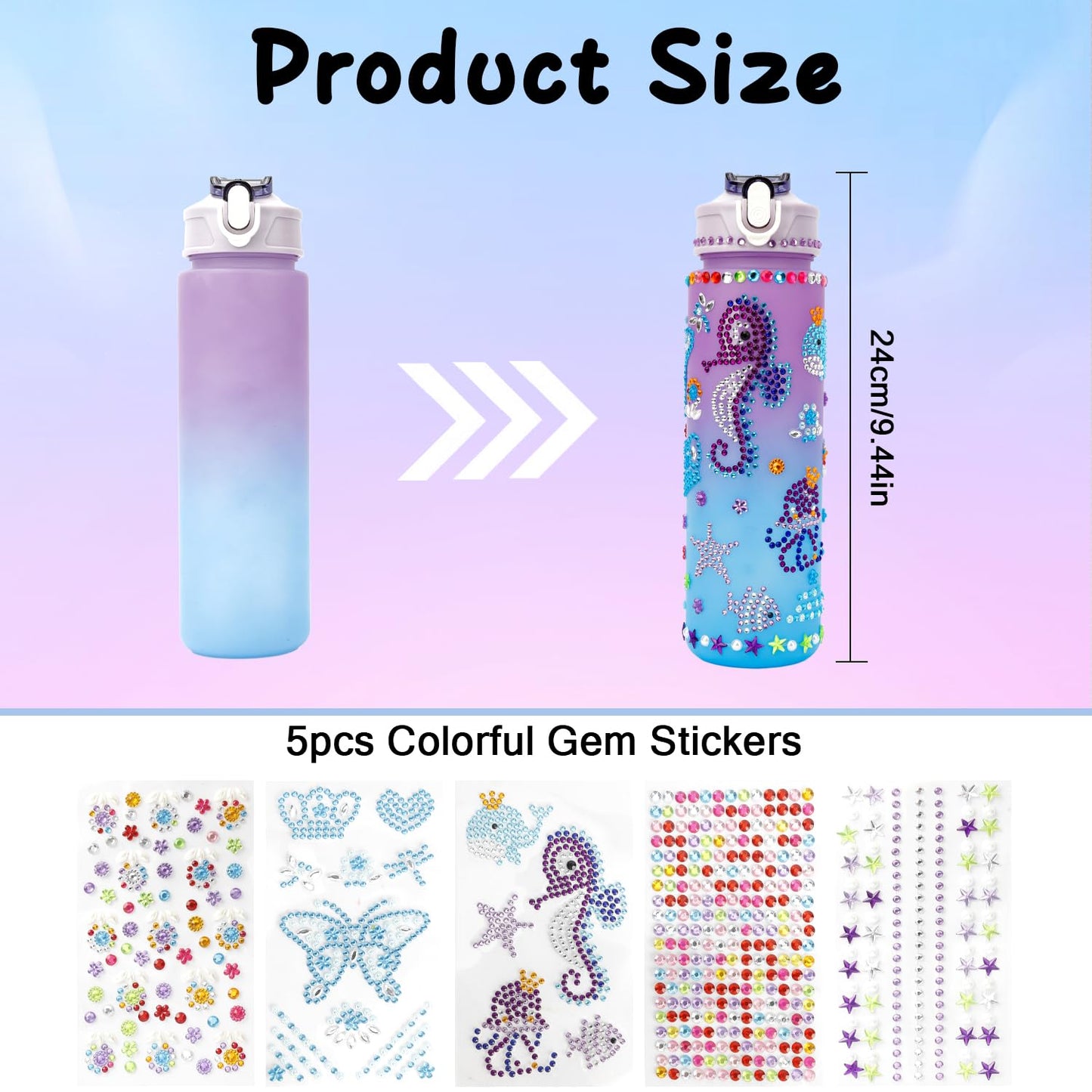 Decorate Your Own Water Bottle Kit for Girls 4-12 Girls Water Bottle Gem Stickers DIY Arts and Crafts Kits Supplies 5 6 7 8 9 10 Year Old Girl Easter Birthday Gifts Easter Basket Stuffers Purple