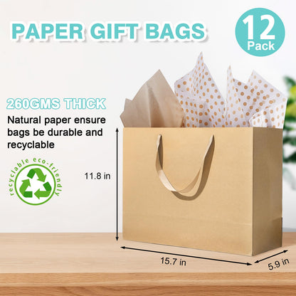 15.7" Extra Large Brown Gift Bags for Presents with Tissue Paper & Ribbon Handles for Shopping, Small Business, Birthday Party, Baby Shower, Bridal Party, Wedding, Christmas and Holiday (12 Packs)
