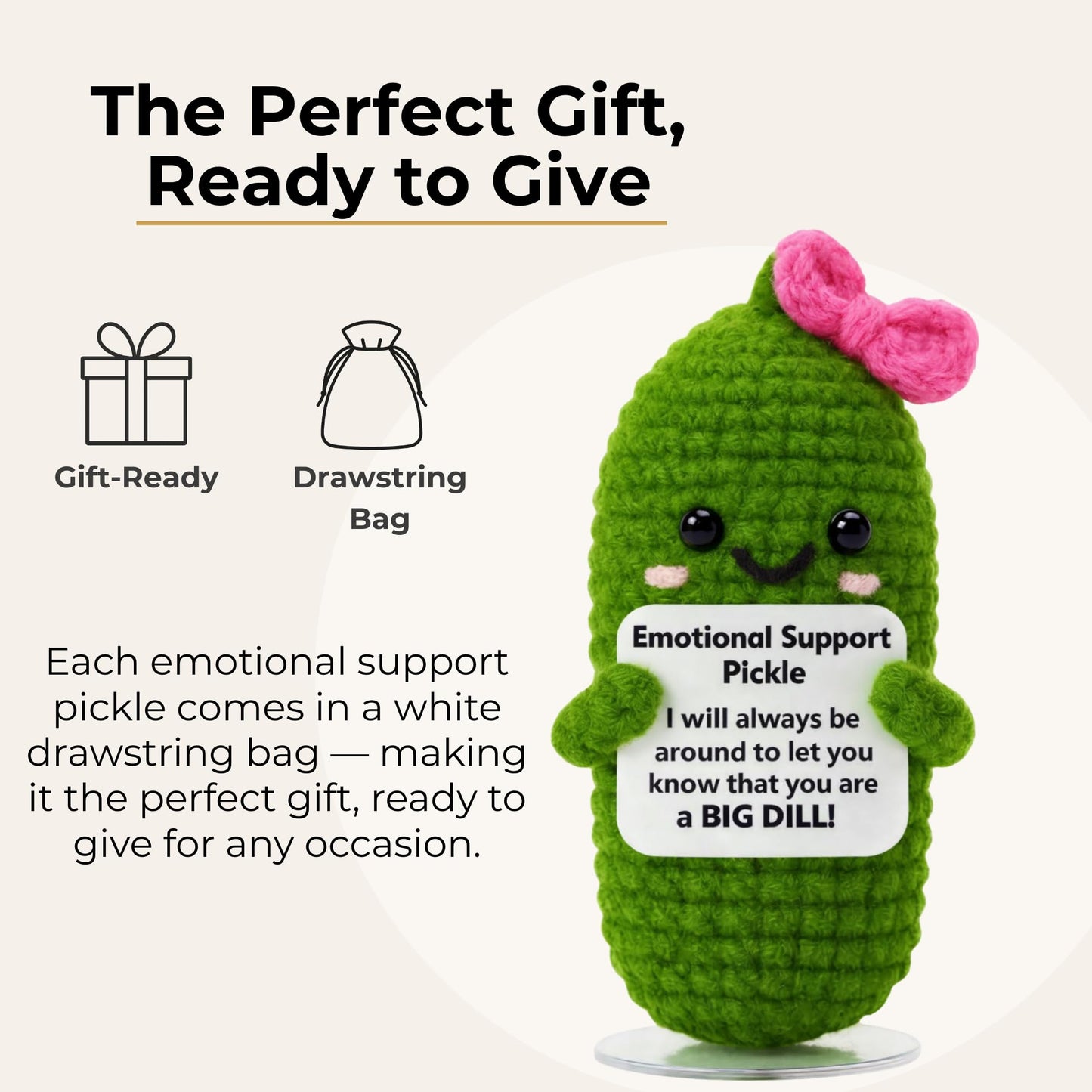 Emotional Support Pickle Crochet with Stand. Handmade Positive Pickle Gift for Women, Friends, Family, Co Workers. Birthday Gifts. Best Friends (Pink Support Pickle)