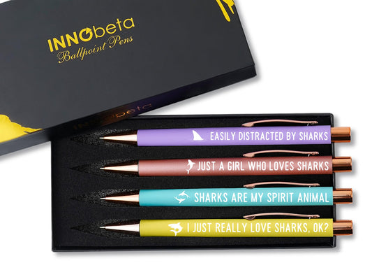 InnoBeta Shark Gifts for Women, Girls, Ballpoint Pen Set of 4, Shark Stuff for Shark Lovers, Shark Mom Gifts for Birthdays, Christmas