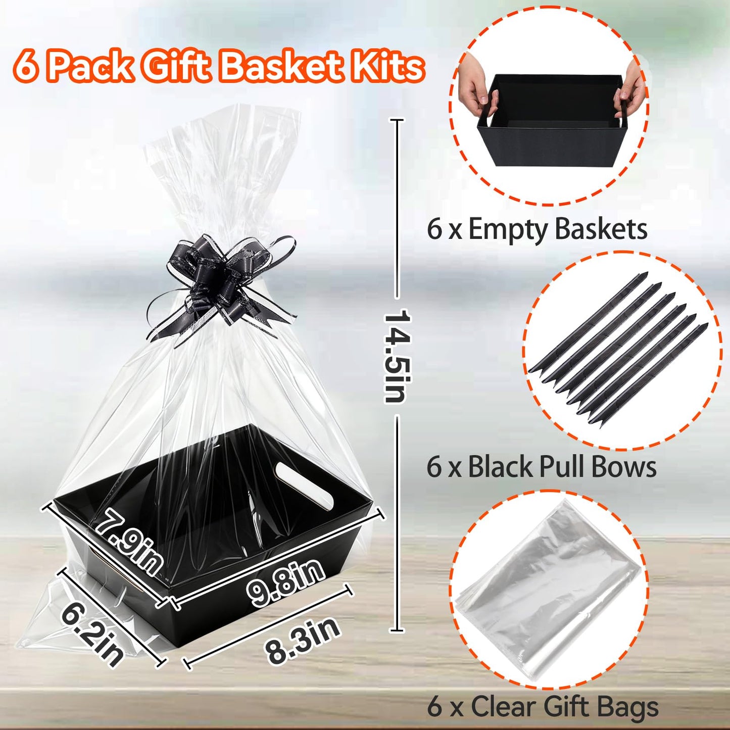 MADHOLLY 6 Set Baskets for Gifts Empty - Sturdy Kraft Graduation Gift Basket Kit with Cellophane Wrap Pull Bows for Men, Father’s Day, Career Promotion, Birthday Gift Wrapping, Black
