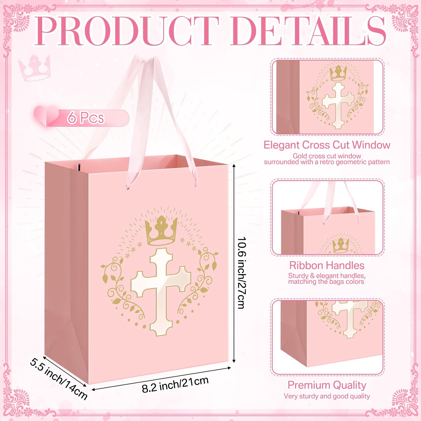 Humyoun 6 Pcs Pink Baptism Christian Religious Gift Bags with Cross Design Bulk 10.6 x8.2 x5.5 First Communion Baptism Confirmation Gift Bag for Baby Wedding Easter Clergy Day
