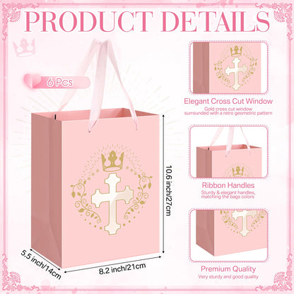 Humyoun 6 Pcs Pink Baptism Christian Religious Gift Bags with Cross Design Bulk 10.6 x8.2 x5.5 First Communion Baptism Confirmation Gift Bag for Baby Wedding Easter Clergy Day
