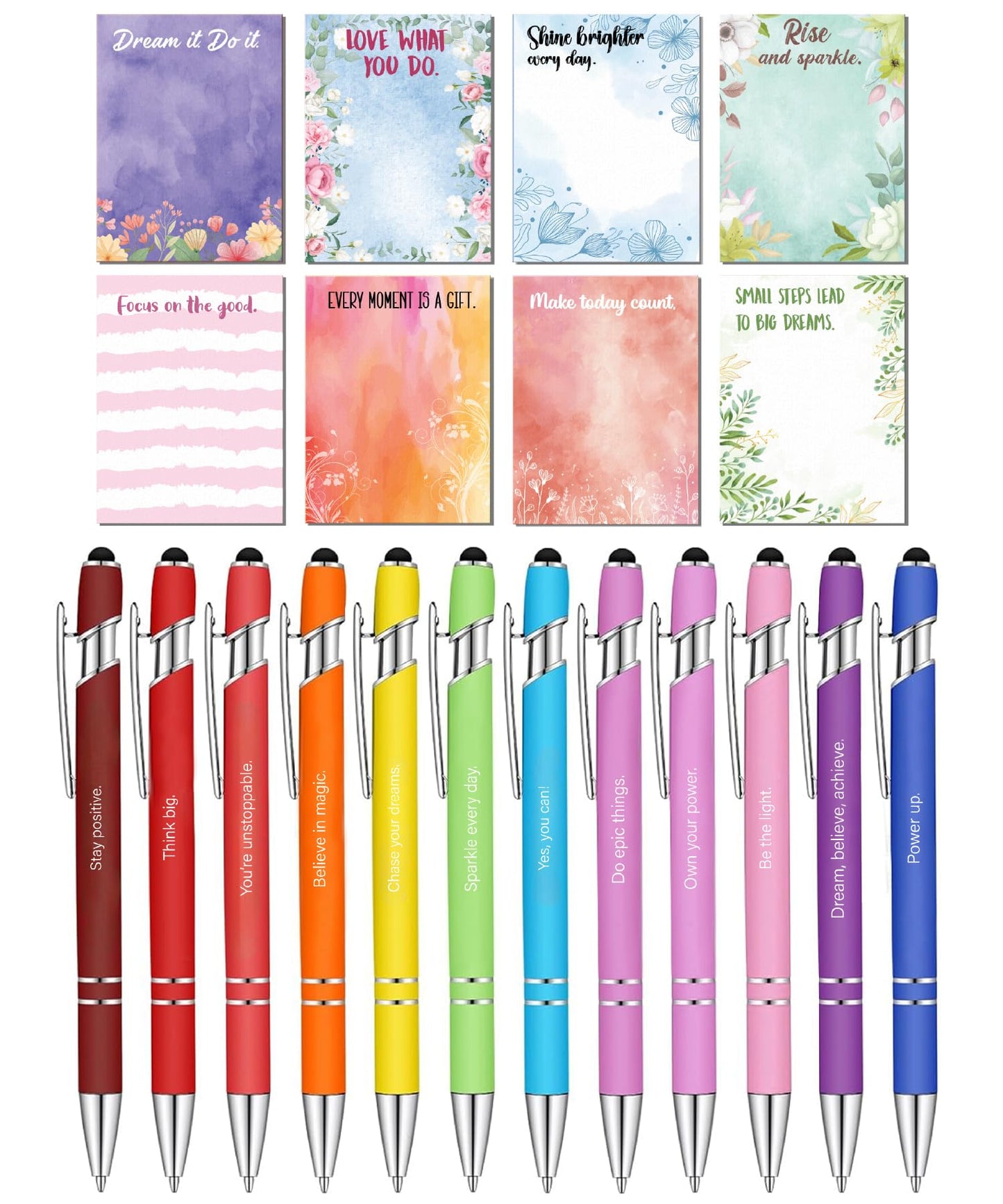 Mr. Pen- Inspirational Sticky Notes and Stylus Pens, 20 Pack, 3" x 4" Sticky Notes, 8 Pads, 240 Sheets, 12 Black Ink Pens with Stylus Tips, Great for Reminders, List-Making & Task Prioritizing