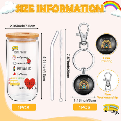 Kacctyen Bus Driver Appreciation Gifts for Women, School Bus Driver Gift Set, 17 oz Glass Cup with Lid and Straw, Makeup Bag and Keychain Thank You Gift for Drivers