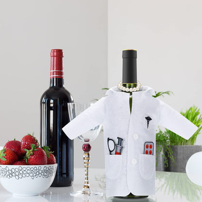 White Coat Wine Bag Doctor Wine Cover Felt Doctor Wines Insulated Cover Nurse Wines Wrapping Bag with Syringe Necklace for Ceremony Gifts Male Female Graduation Birthday Anniversary Nurse Practitioner