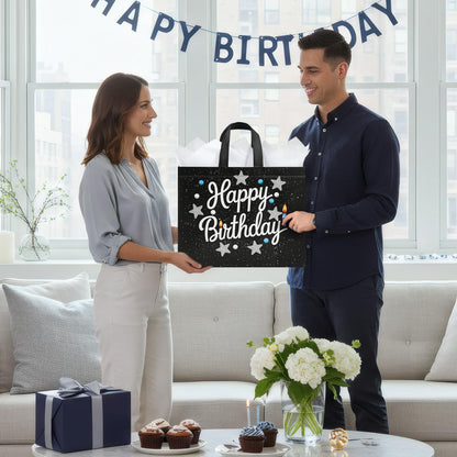 STYPOP 2 Pack 13" Large Birthday Gift Bags with Tissue Paper & Cards, Reusable Non-Woven Happy Birthday Bags with Handles, Perfect Gifts for Men, Boy, Kids, 12.8" x 10.2" x 6.3"