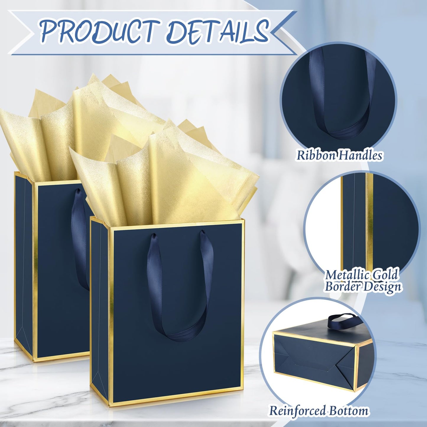 Yeaqee 24 Pack Metallic Paper Gift Bags with Handle and Tissue 9x7x3.1 Gold Foil Welcome Thank You Favor Bags Return Gifts for Wedding St. Patrick's 5 Senses Bridesmaid Birthday(Navy Blue, Gold)