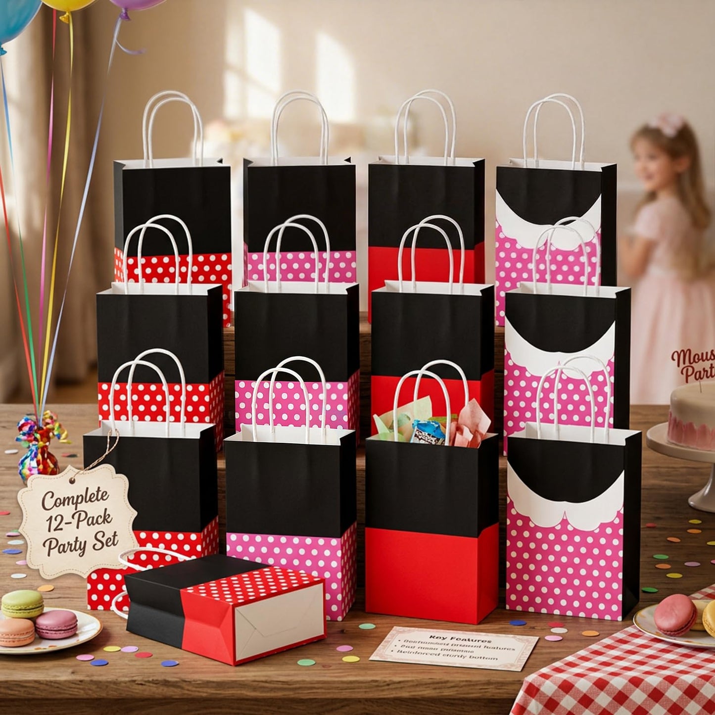 Afniimyapt 12Pcs Red Mouse Party Favor Goodie Bags with Handle Cartoon Mouse Theme Paper Treat Bags Pink Red Polka Dot Candy Gift Packing Supplies for Cartoon Themed Birthday Party Bridal Decorations