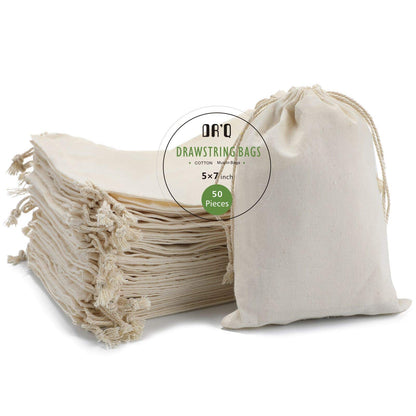 DRQ Cotton Drawstring Bags - EcoFriendly Muslin Gift & Party Favor Pouches (5 by 7 inch) - Unbleached Cotton Fabric Cloth Bags (50 Pieces)