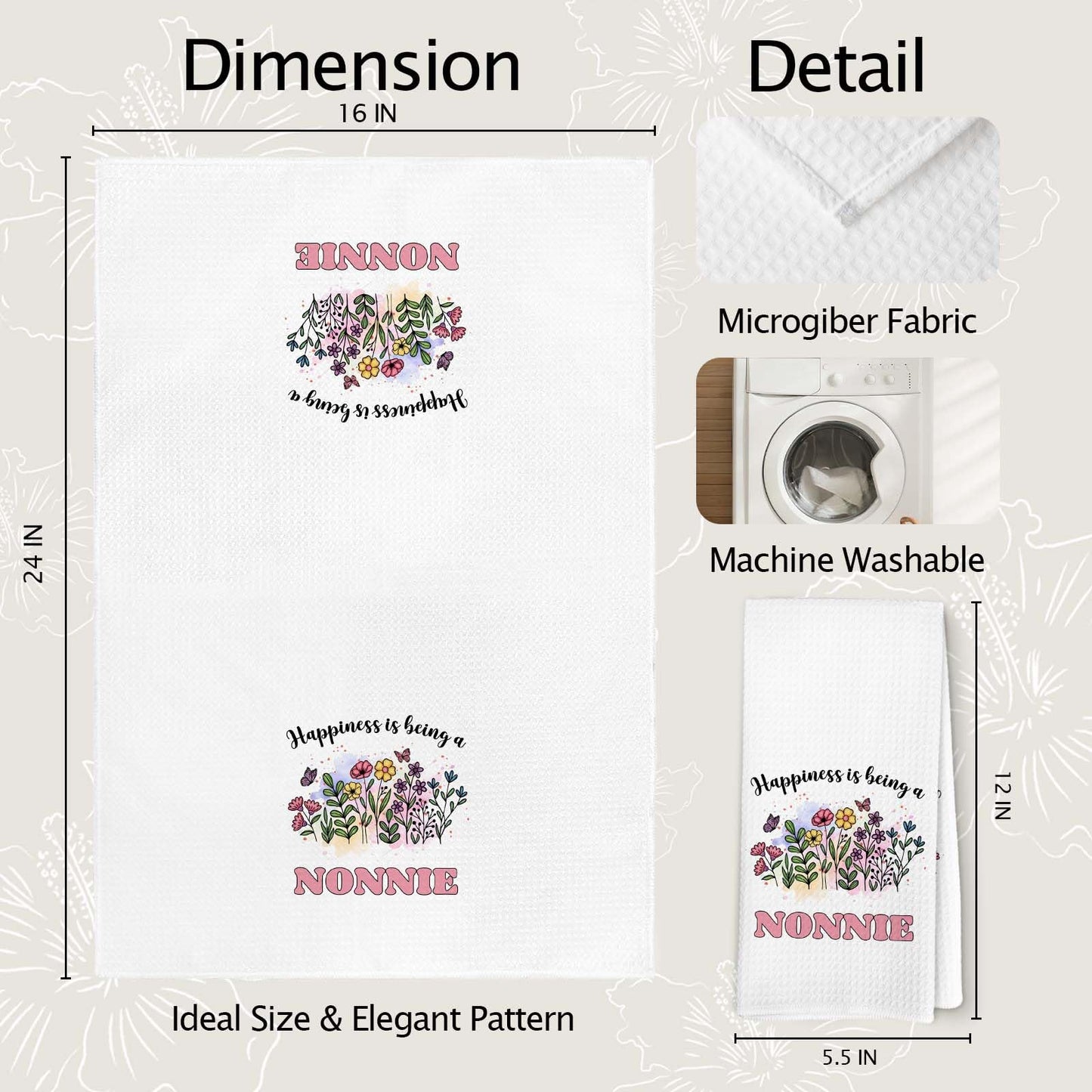 Happiness is Being a Nonnie Kitchen Towels, Grandma Hand Towels, Gifts for Nonnie Mother’s Day Dish Towel for Kitchen, Grandma Gifts Floral Hand Towel for Home Bathroom Decor 16x24 Inch