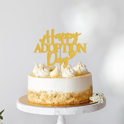 Happy Adoption Day Cake Topper - Love Makes a Family Cake Decor, Child Pet Adoption Anniversary Party Supplies Gold Glitter