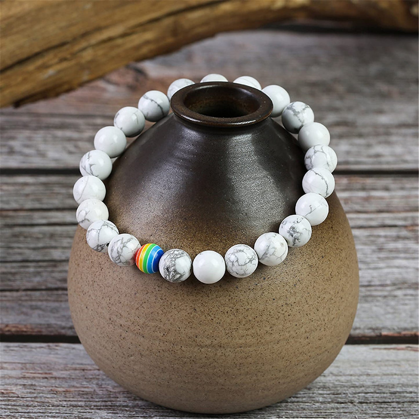 LGBT Natural Stone Bead Stretchy String Lesbian Gay Pride Bracelet Handmade Adjustable Rainbow Gemstone Seed for Men Women Friend LGBTQ Friendship Jewelry Birthday Gift