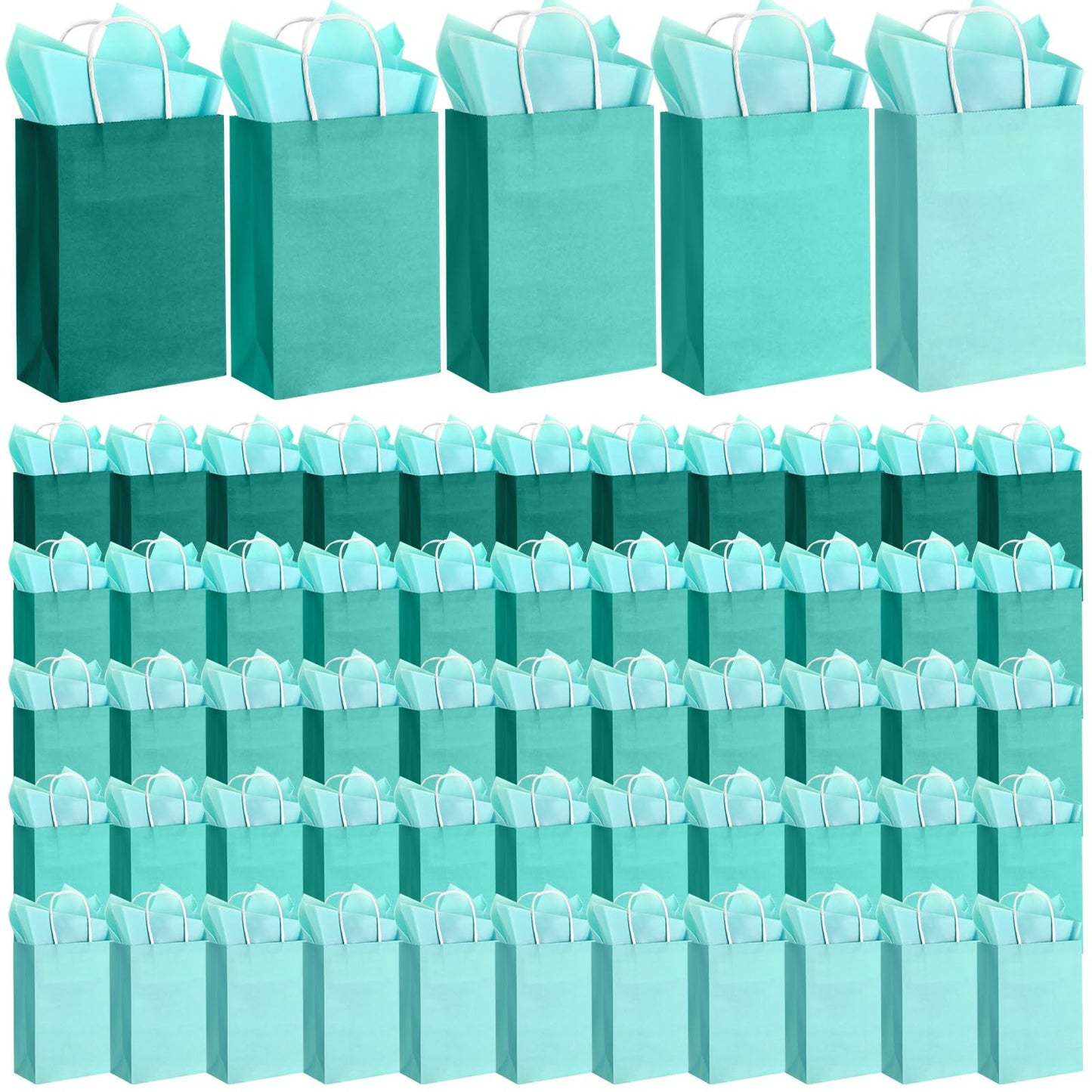 Kolldenn 50 Set Teal Blue Gift Bags with Tissue Paper 8.27 x 5.91 x 3.15 Inch Small Paper Bags with Handles Thank You Gift for Baby Shower Bridal Shower Wedding Party Favors Goodies