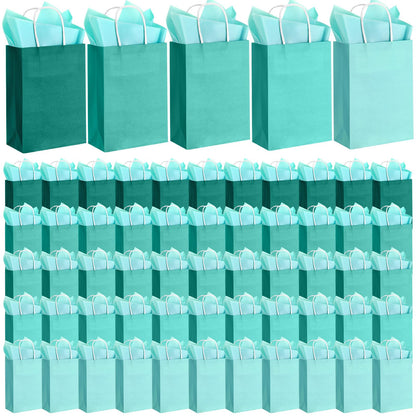 Kolldenn 50 Set Teal Blue Gift Bags with Tissue Paper 8.27 x 5.91 x 3.15 Inch Small Paper Bags with Handles Thank You Gift for Baby Shower Bridal Shower Wedding Party Favors Goodies