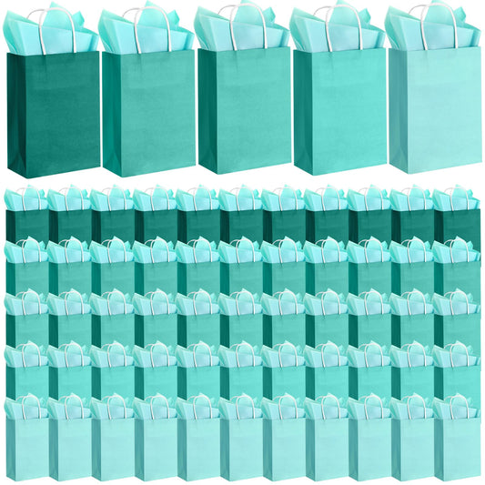 Kolldenn 50 Set Teal Blue Gift Bags with Tissue Paper 8.27 x 5.91 x 3.15 Inch Small Paper Bags with Handles Thank You Gift for Baby Shower Bridal Shower Wedding Party Favors Goodies