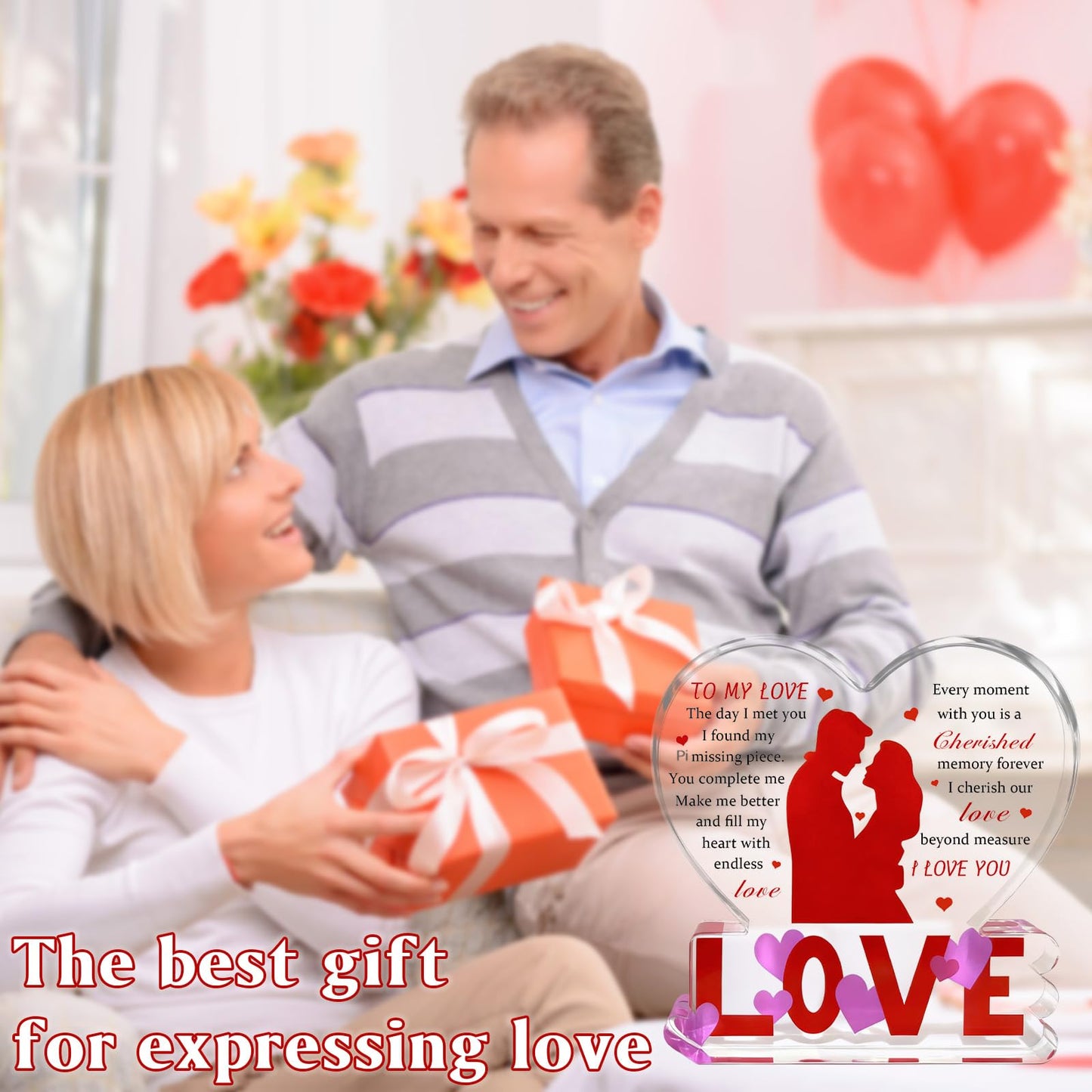 To My Love Romantic Gifts for Him/Her,Heart-Shaped Acrylic Engraved Plaque Sign Home Bedroom Kitchen Office Desk Shelf Decor 4*4*0.6Inch for Valentine's Day Anniversary Wedding Christmas Birthday Gifts