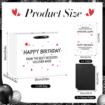 Funny Birthday Gift Bag with Tissue Paper Card From the Best Decision Gift Bags Black and White Happy Birthday Wrapping Bag for Boyfriend Girlfriend Husband Wife Couples Friends Bday Party Decorations