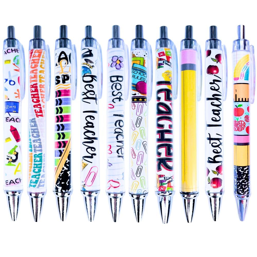 YJ PREMIUMS 10PC Teacher Pen | Fun Cute Funny Cool Best Pens for Teacher Set Pack Teach Love Inspire Writing School Sayings Preschool Appreciation Gifts Supplies Gift Supply in Bulk