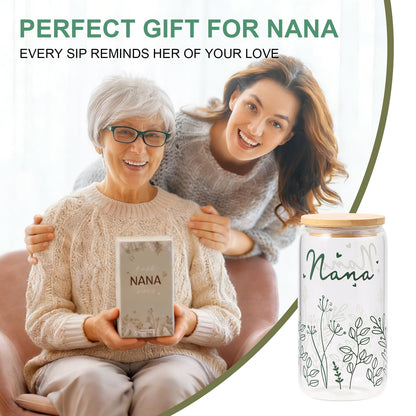 Gifts for Nana-Bow Glass Cup Nana Gift Cute Iced Coffee Cup with Lids and Straws for Grandma Birthday Gifts Mother day Grandmother Presents Stuff from Granddaughter Grandson Grandkids 16OZ