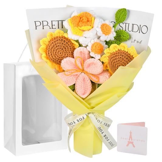 Crochet Flower Bouquet, Crochet Flowers Handmade Yellow Roses Sunflowers Bouquet, Romantic Gift for Her, Mother's Day, Wedding, Birthday, Graduation Gifts for Women Lover Friends (Sunflower)