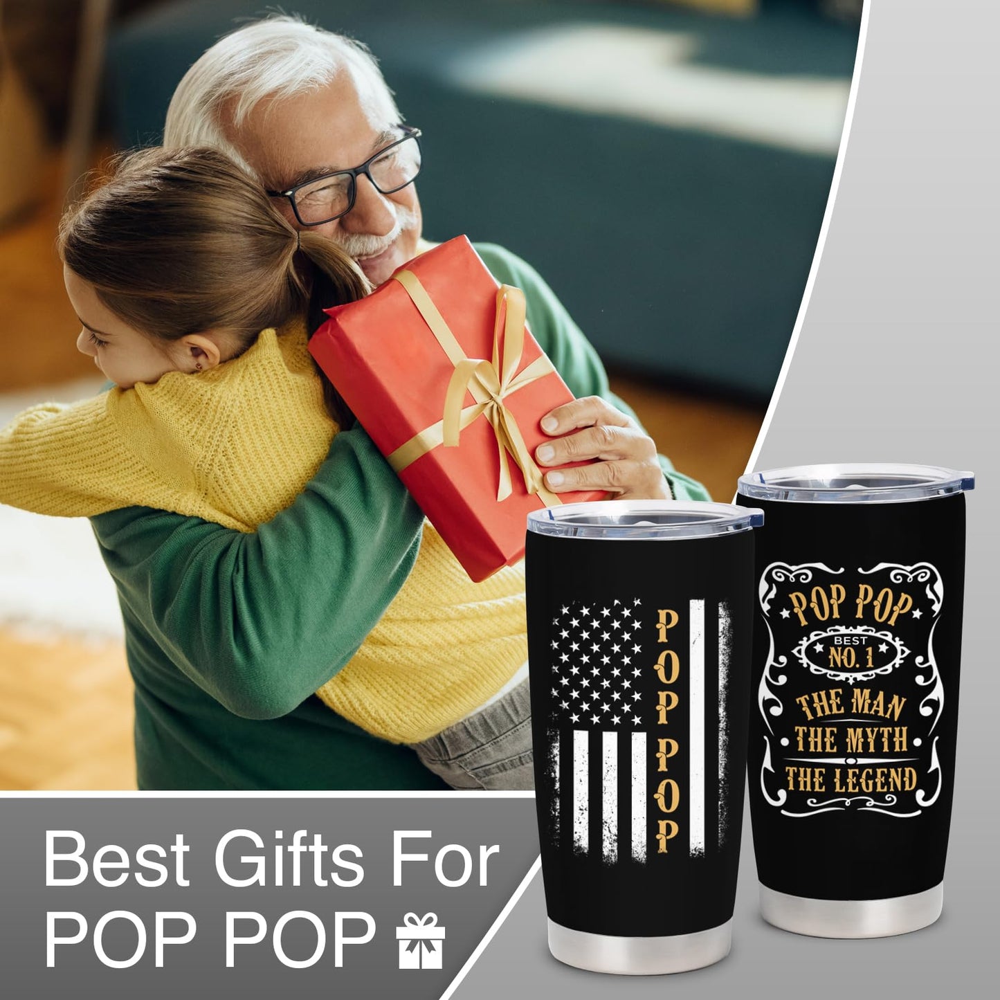 Pop Pop Fathers Day Gift, Pop Pop Gifts from Grandkids/Grandchildren, Pop Pop Gifts for Grandpa, Birthday Gift for Pop Pop, 20 oz Insulated Stainless Steel Tumbler