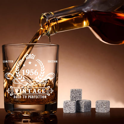 YeohJoy 70th Birthday Gifts for Men,Vintage 1956 Whiskey Glass Set,Wood Box & Whiskey Stones & 1956 Poster Anniversary Card & Coaster,Birthday Gifts Ideas for Him,Husband,Dad
