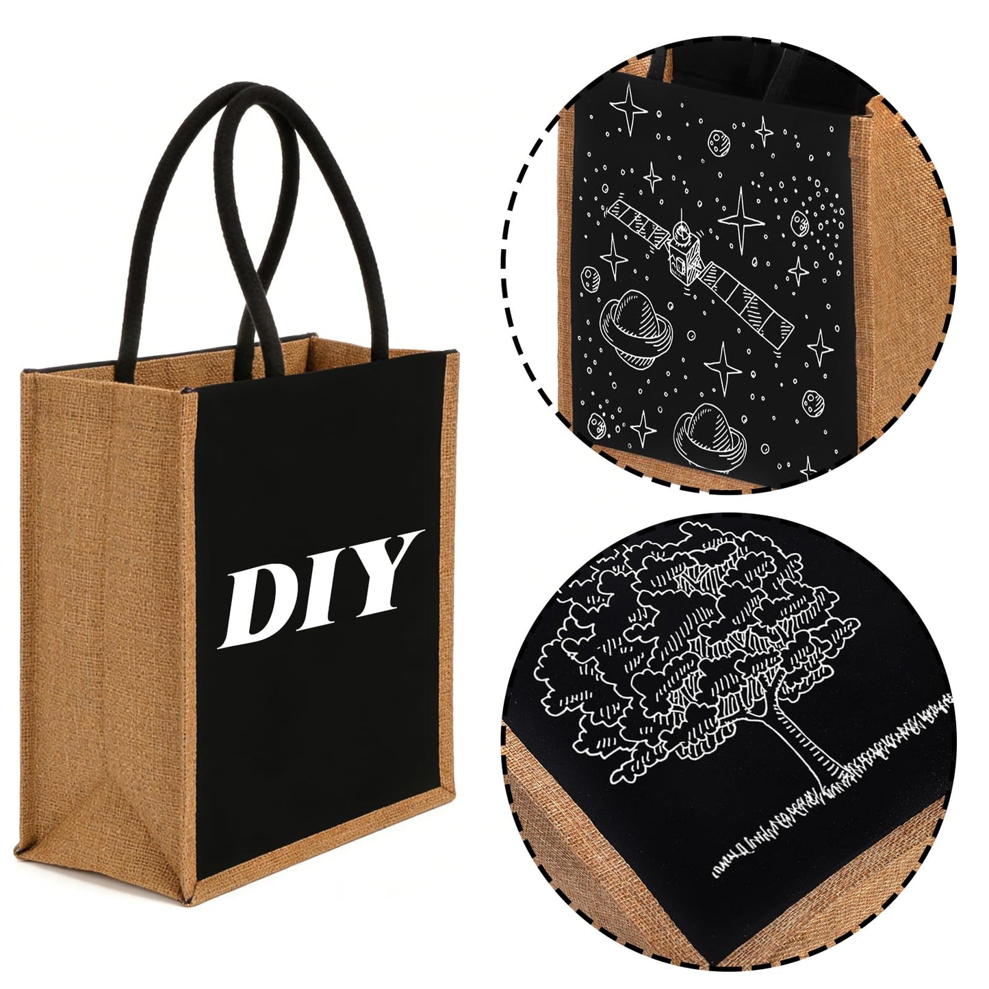 SOUJOY 6 Pack Burlap Tote Bags, Reusable Gift Tote with Handles, Black Jute Beach Bags, Canvas Grocery Shopping Tote for Bridesmaid, DIY, Shopping, Pool, Wedding Bag