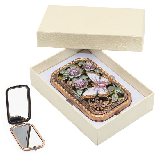 Warmtree Vintage Makeup Mirror Metal Portable Foldable Mirror Butterfly Vanity Mirror Double Sided Compact Cosmetic Mirror Travel Mirror (A)