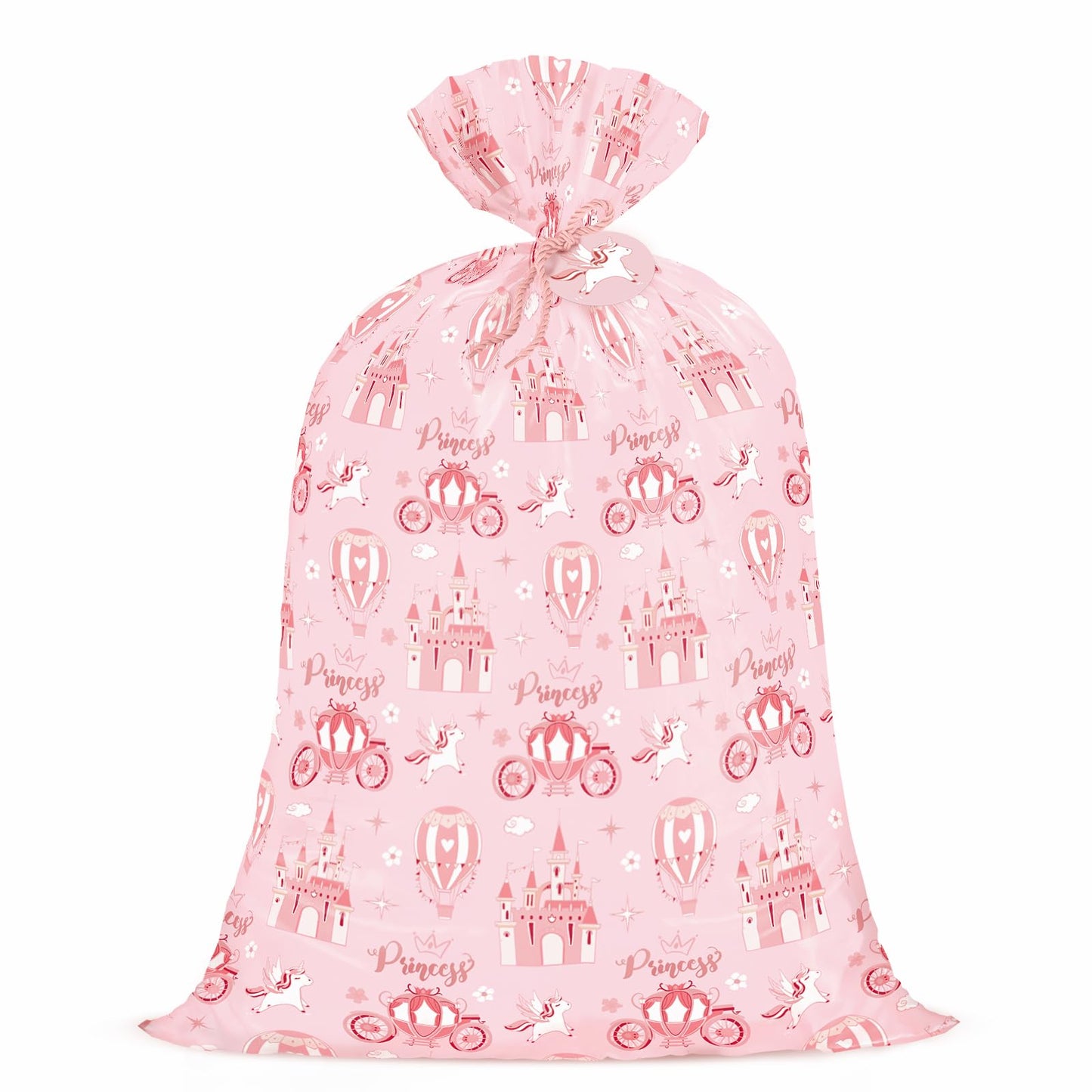 WRAPAHOLIC 56" Extra Large Princess Plastic Gift Bag - Princess Castle Design Pink Jumbo Bike Bag Gift Wrap for Kids Girls Birthday and Baby Girl Shower - 56" H x 36" W