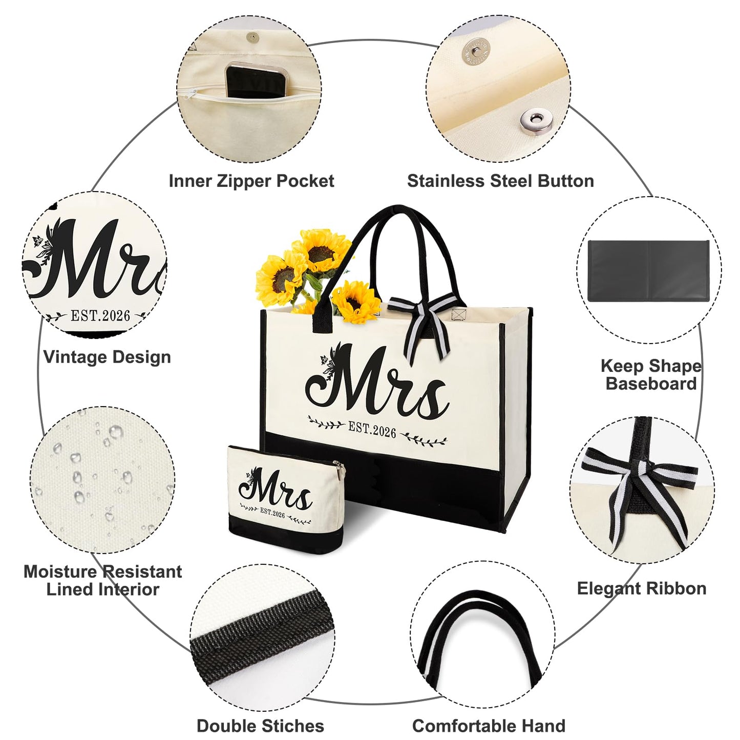 Mrs 2026 Bride Canvas Tote Bag with Makeup Bag, Wedding Gifts for Bridal Shower Bachelorette Party Engagement Honeymoon, Miss to Mrs, Bride to Be Gifts