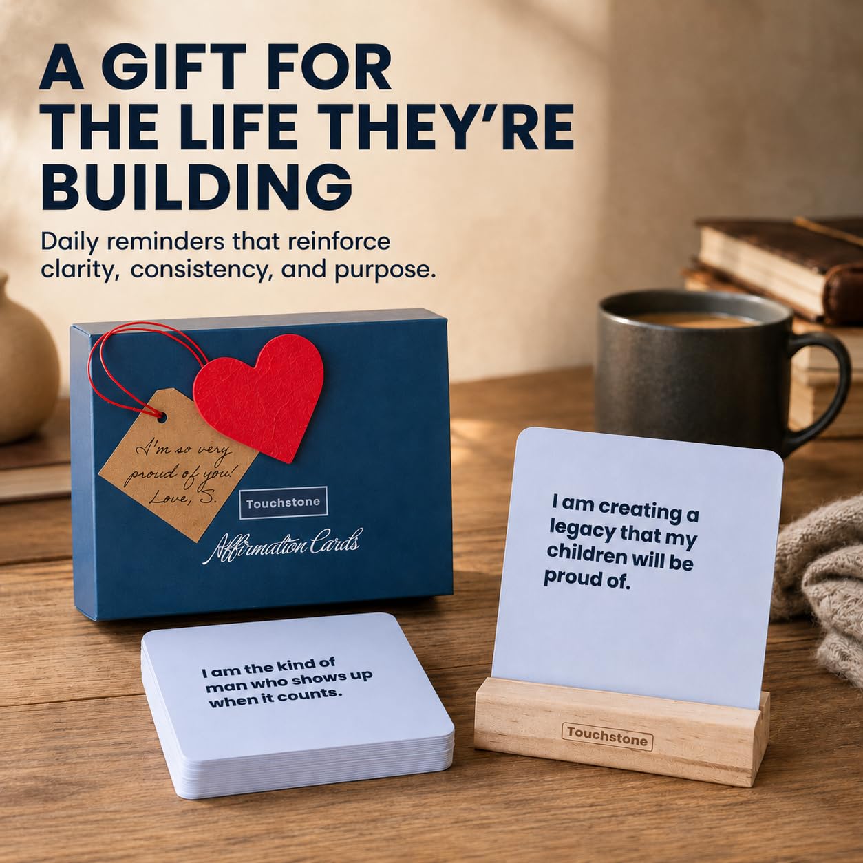 Touchstone Sobriety Affirmation Cards – 50 Daily Affirmation Cards with Display Stand & Magnetic Gift Box, Sobriety Gifts for Men, Addiction Recovery Gifts, 1 Year Sober Gift Ideas