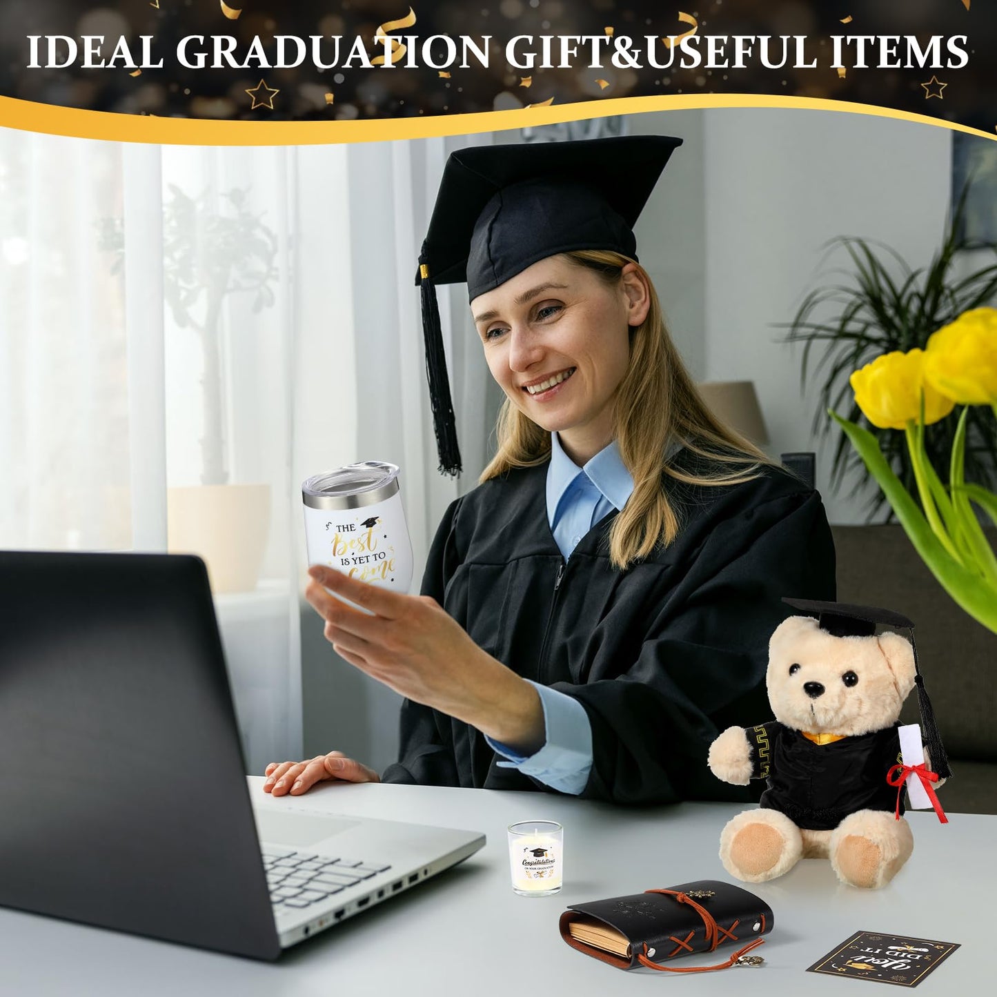 FoldTier Graduation Gifts 2026, Congrats Grad Gift Box Set with Wine Tumbler, Bear, Candle, Notebook, Photo Frame, Socks, Bracelet and Card for College High School, Classic Black Gold