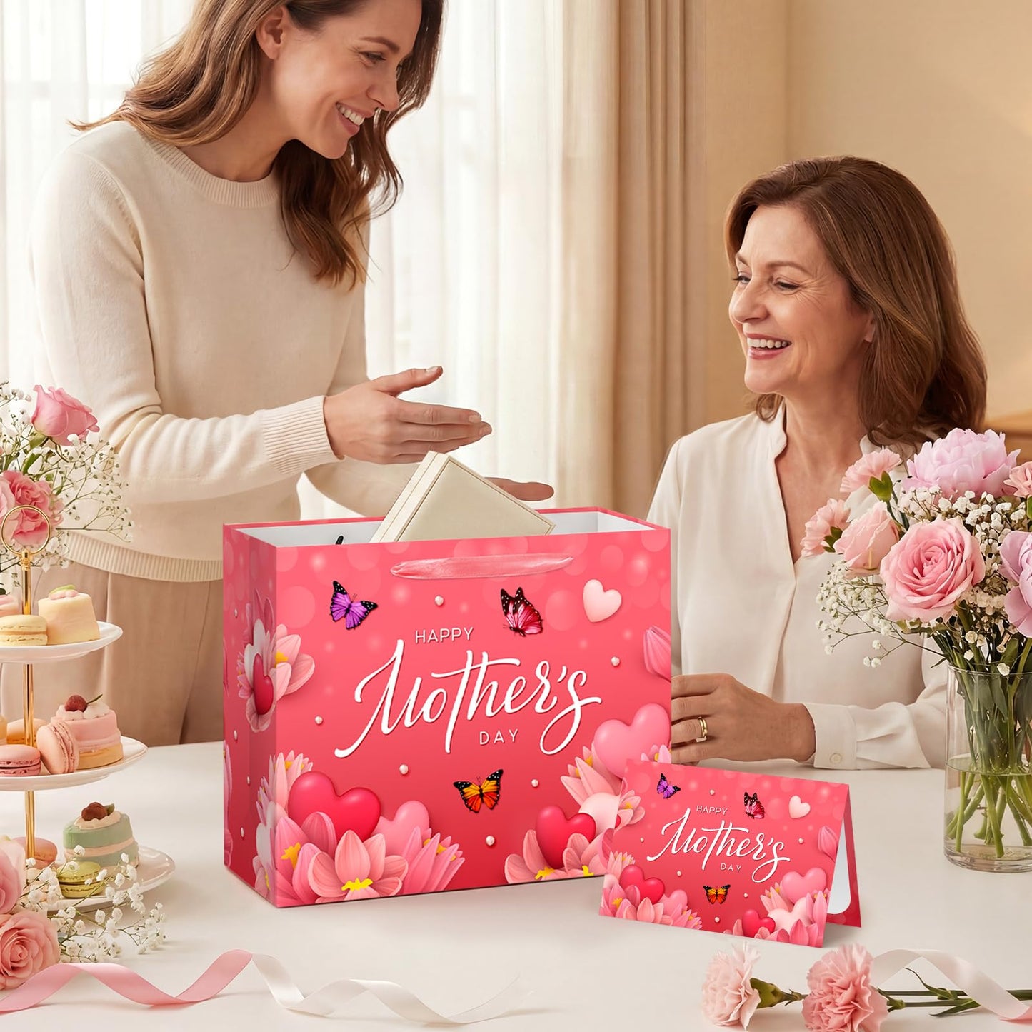Aysimple Large Happy Mother's Day Paper Gift Bag with Wrapping Paper and Greeting Card 13" Butterfly Flowers Design Large Gift Bag Red Heart Party Bags for Happy Mothers Day Party Supplies