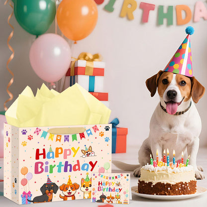 Hooqict Large Dog Gift Bag Dog Birthday Gift Bag with Handles, Tissue Paper, Greeting Card for Kids Boys Girls Pet Puppy Themed Birthday Party Decorations Supplies