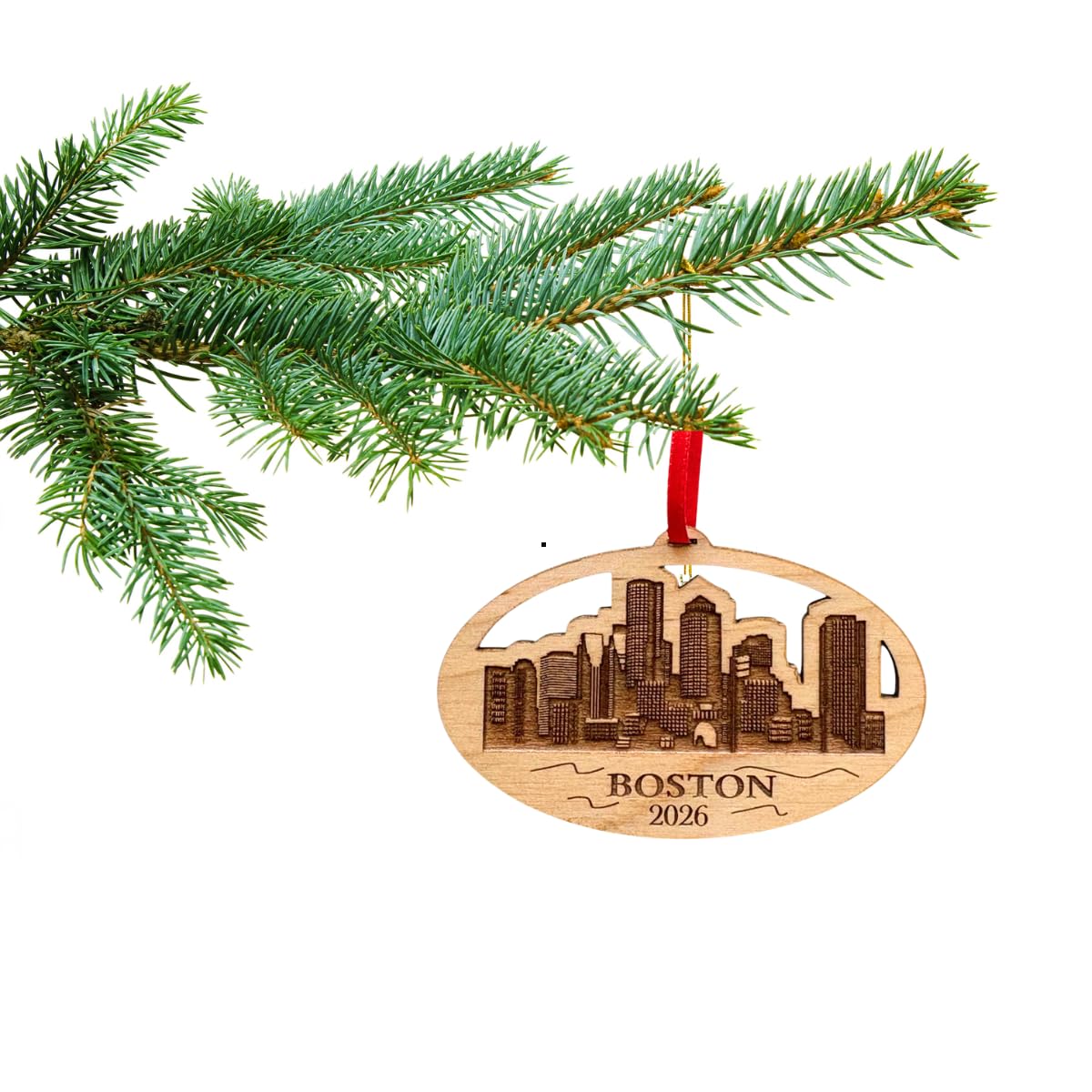 2026 Boston Christmas Ornament, City Skyline Boston Trip Souvenir or Gift Idea, Massachusetts Souvenirs, Gifts - 250 Years of America Commemorative Memento, Laser Cut Wood, with Gift Box