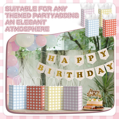 Kolldenn 24 Pcs Gingham Party Supplies Pastel Gift Bags 8.27 x 6.3 x 3.15 Inch Kraft Paper Checkered Plaid Candy Goodie Party Favors Bags for Easter Picnic BBQ Birthday Baby Shower Wedding