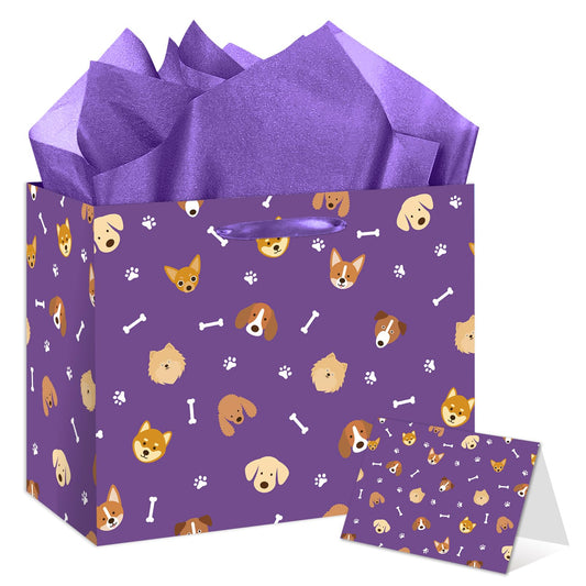HSKMAKE Purple Dog Gift Bag Large Dog Paw Print Gift Bag with Card and Tissue Papers for Men, Women, Boys, Girls, Kids, Puppy Themed Baby Shower Birthday Party Favor Supplies