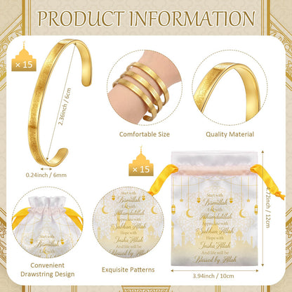 Tondiamo 15/30 Set Eid Al-adha Ayatul Kursi Bracelets Bulk Ramadan Eid Mubarak Gifts for Women Muslim Quran Allah Bangle Arabic Calligraphy Cuff Bracelet Islamic Jewelry with Bag for Party