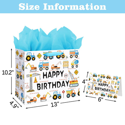 Laidans 13" Large Happy Birthday Gift Bag for Baby Boy Kids with Tissue Paper and Card (Construction Vehicle)