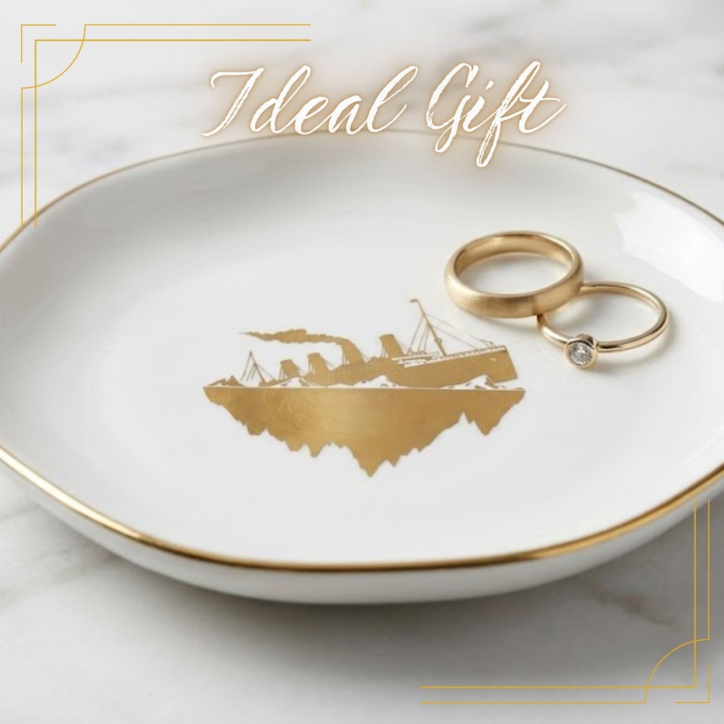 InnoBeta Titanic Gifts - 4.75" Handcrafted Ceramic Ring Dish with Gold Trim, Decorative Trinket Dish for Rings Earrings Necklaces