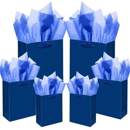 qiqee Navy Blue Gift Bags with Tissue Paper Mulit Assorted Sizes 10PCS Present Party Favor Birthday Bags(2pcs Large 13", 4pcs Medium 9", 4pcs Small 6" Bags)