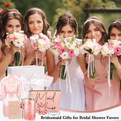 Irenare 8 Pcs Proposal Gifts Set Robes Makeup Bag Cup Cards Hair Tie Bracelet Diamond Pen Bridesmaid Gift Box(Pink,Maid of Honor)
