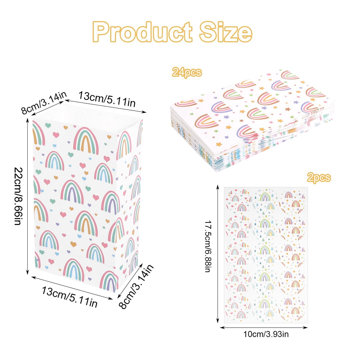 Nukssi 24pcs Rainbow Gift Bags With Stickers, Cute Paper Gift Bags Small Size 8.7x5.1x3.1 Party Favors Bags Bulk Mini Tiny Goody Bag for Wedding Rainbow Kids Girl Birthday
