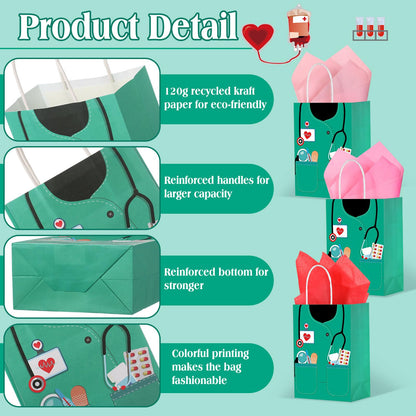 Nezyo 30 Pcs Nurse Gift Bags with 30 Wrapping Tissue Papers Nurses Appreciation Week Gifts Bags Stylish Nurse Appreciation Gifts for Thank Party Memorable Nursing Assistant Graduates Medical (Green)
