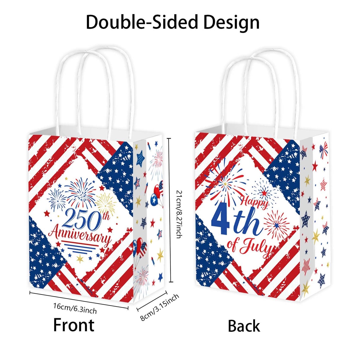 Qpout 12PCS 250th Anniversary Patriotic Gift Bags, Double Sided 1776-2026 Red White Blue Paper Bags with Handles, Bulk 4th of July Favor Bags for Independence Day, Memorial Day, Parades, Patriotic Holiday Party Supplies